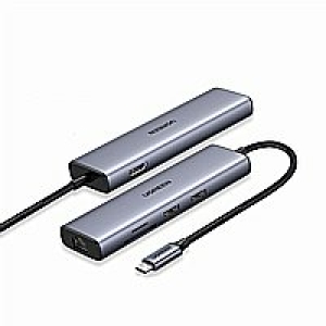 מרחיב חיבורים 6 ב-1 למחשב - טייפ-סי ל-2xUSB3.0 + רשת 1000MbpS + כרטיסי זכרון + (HDMI (4K@60Hz HDR - חברת UGREEN דגם 20954